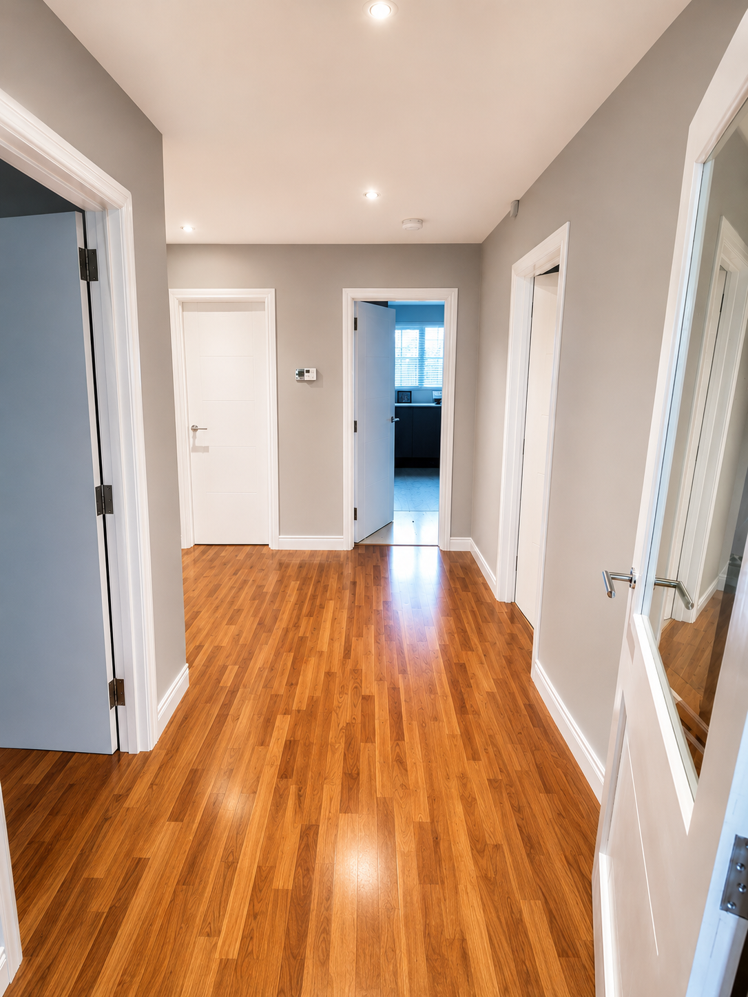 Grey painted hallway walls with wooden floor in Bangor